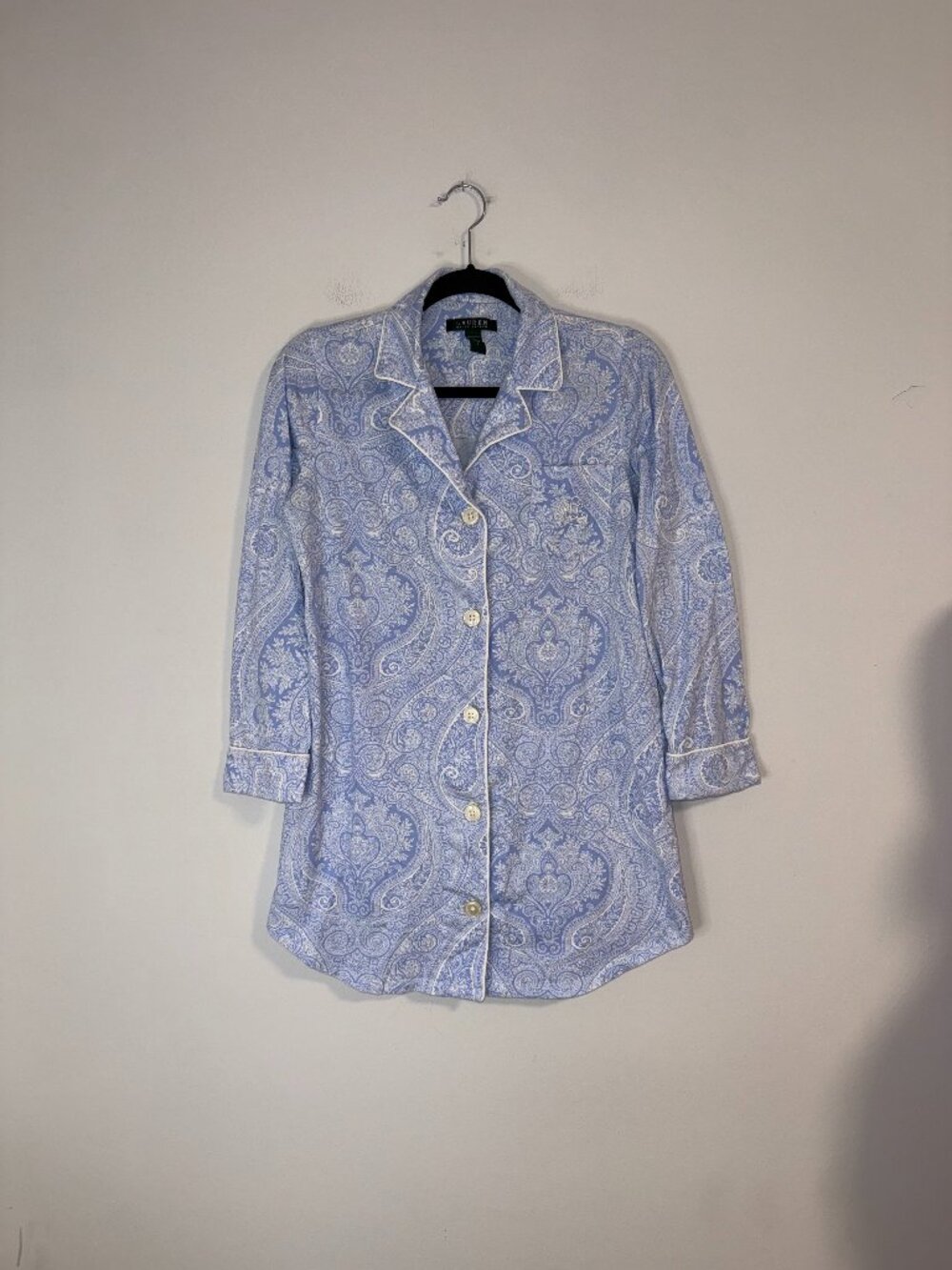 Lauren Ralph Lauren Paisley Shirt Nightgown Light Blue Long Sleeve Button-Down S